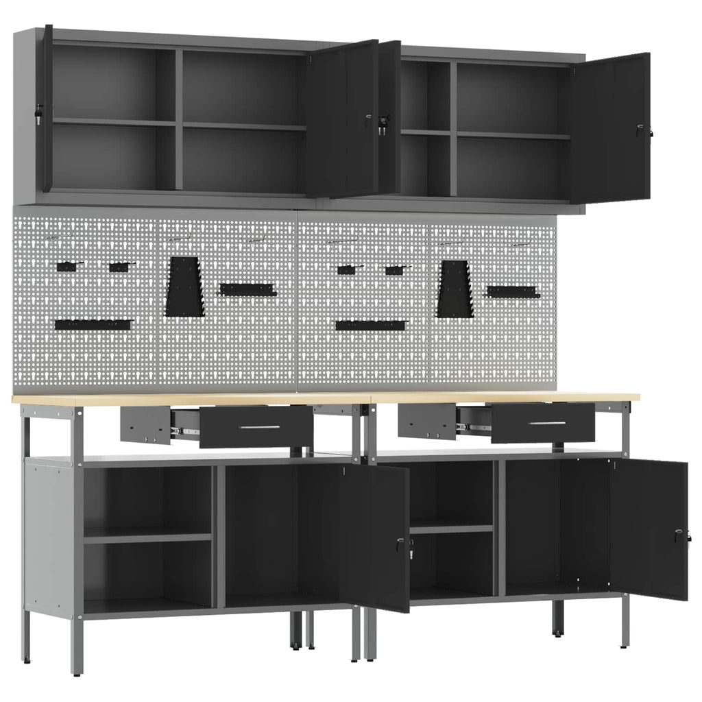 vidaXL Werkbank-Set 8 pcs Schwarz und Grau Pulverbeschichteter Stahl