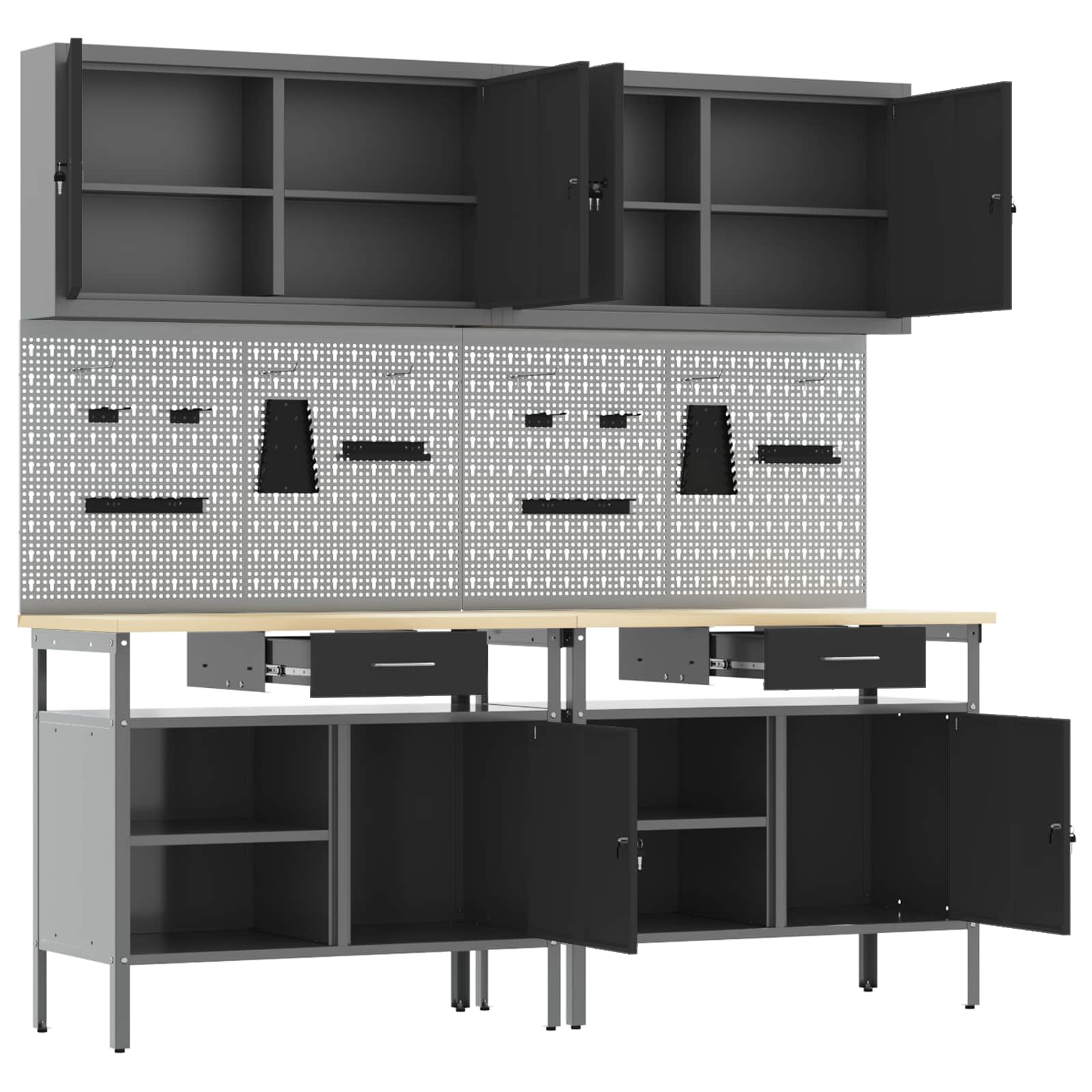 vidaXL Werkbank-Set 8 pcs Schwarz und Grau Pulverbeschichteter Stahl