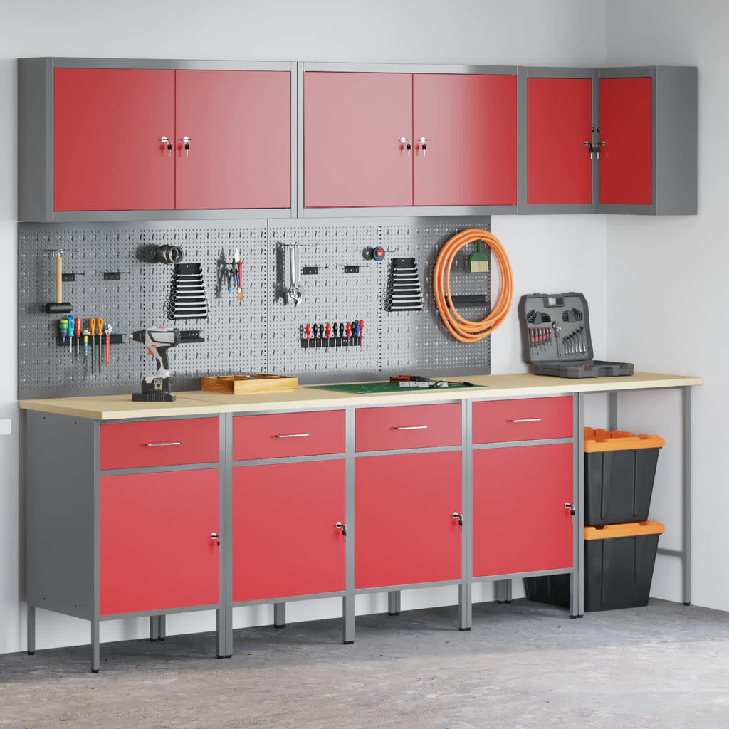 vidaXL Arbeitsschrankset mit Schubladen mit Regal 12 pcs Rot und Grau