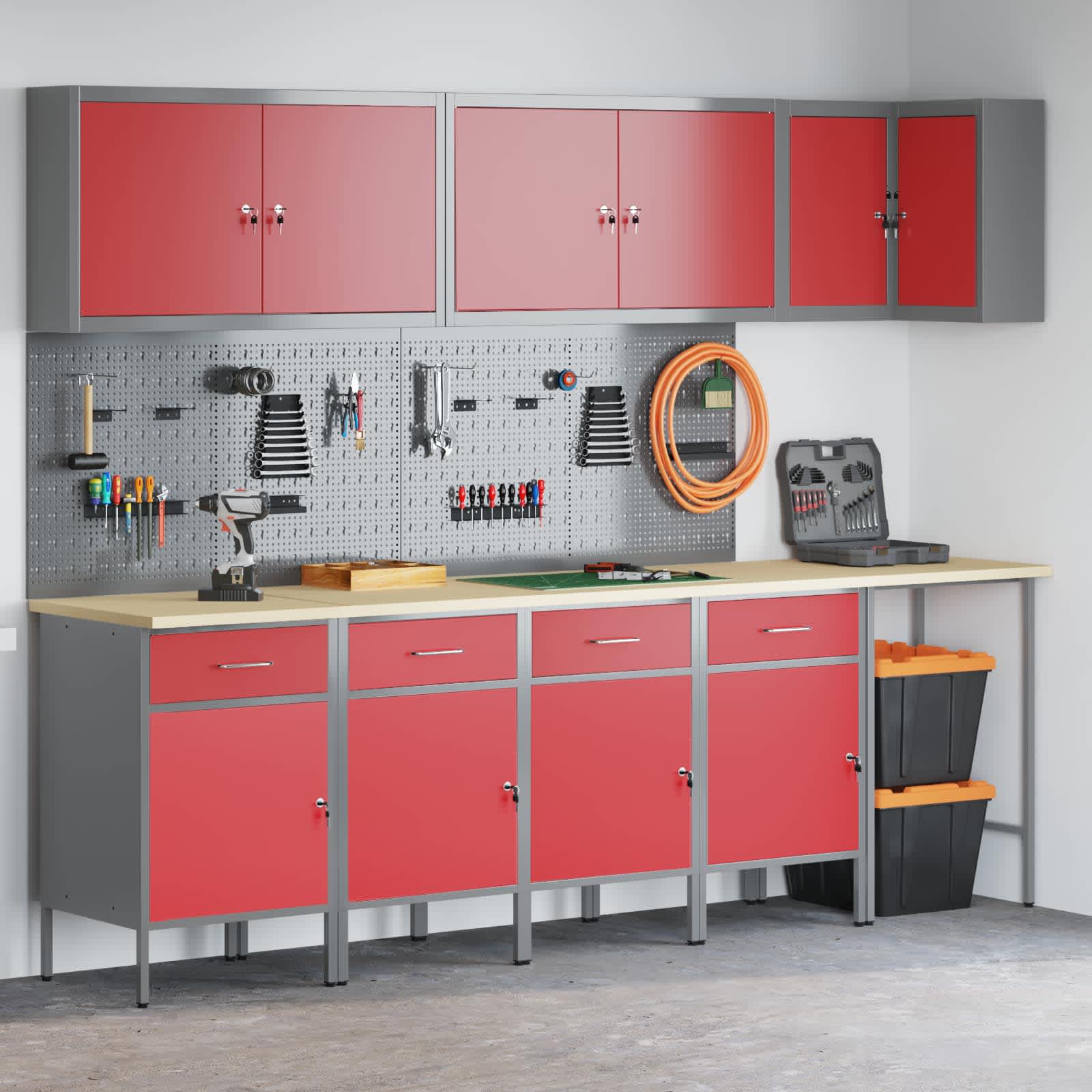 vidaXL Arbeitsschrankset mit Schubladen mit Regal 12 pcs Rot und Grau