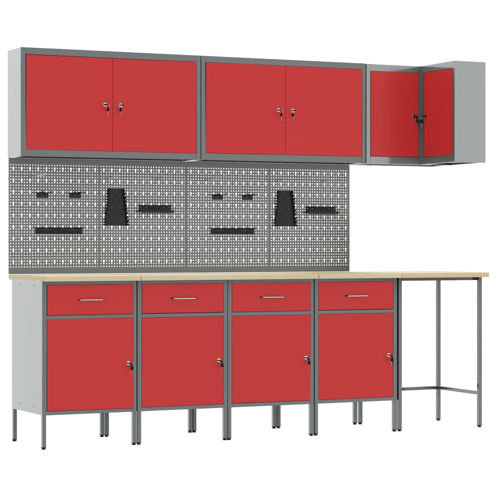 vidaXL Arbeitsschrankset mit Schubladen mit Regal 12 pcs Rot und Grau