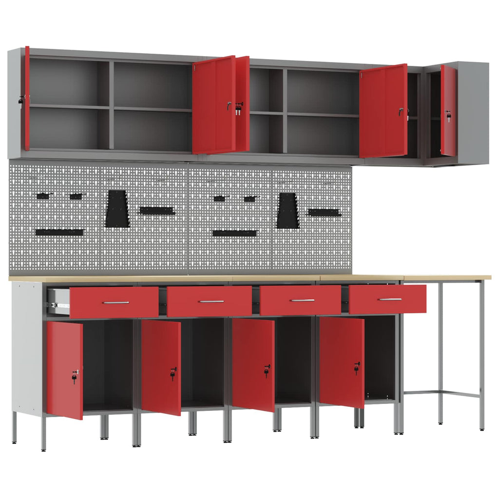 vidaXL Arbeitsschrankset mit Schubladen mit Regal 12 pcs Rot und Grau