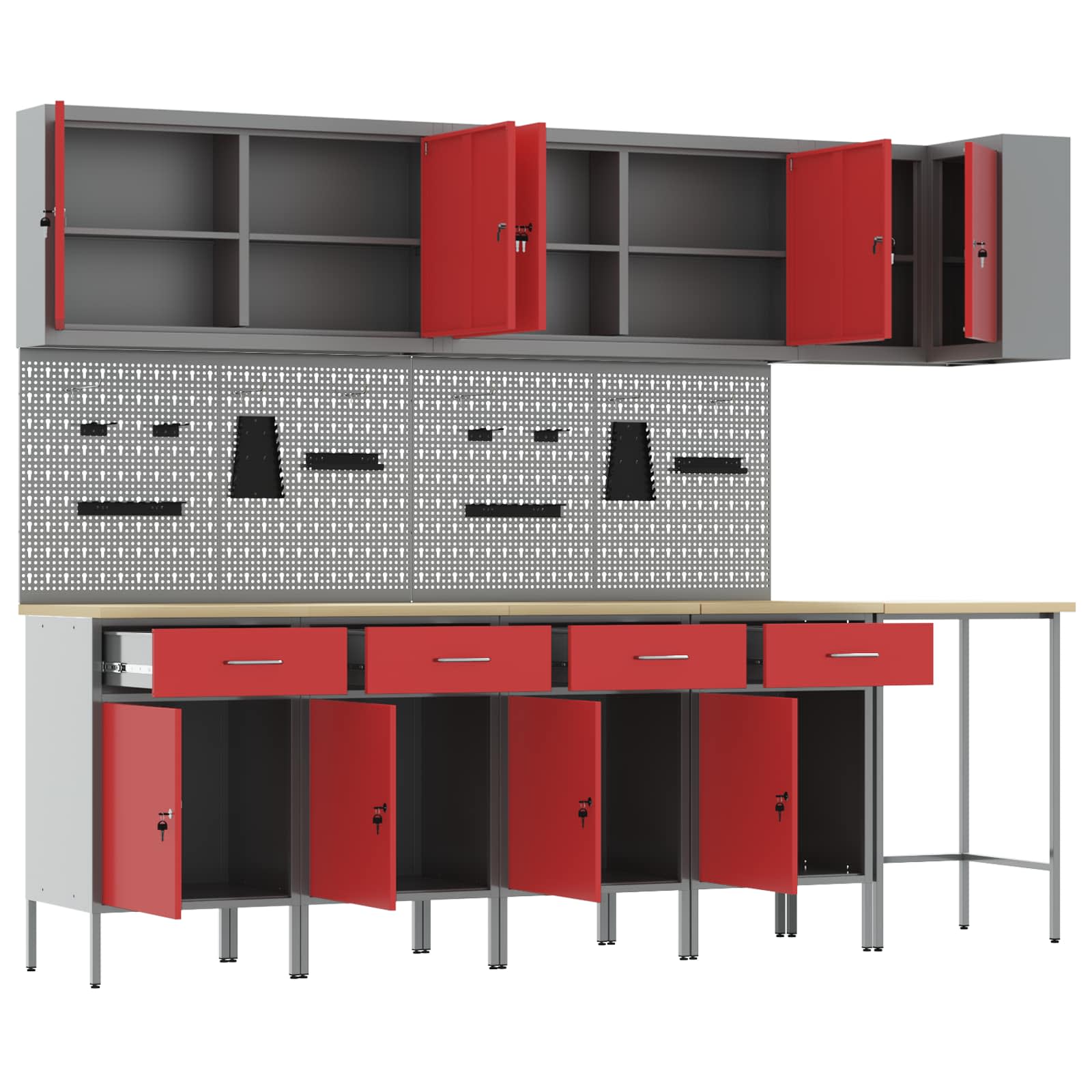 vidaXL Arbeitsschrankset mit Schubladen mit Regal 12 pcs Rot und Grau