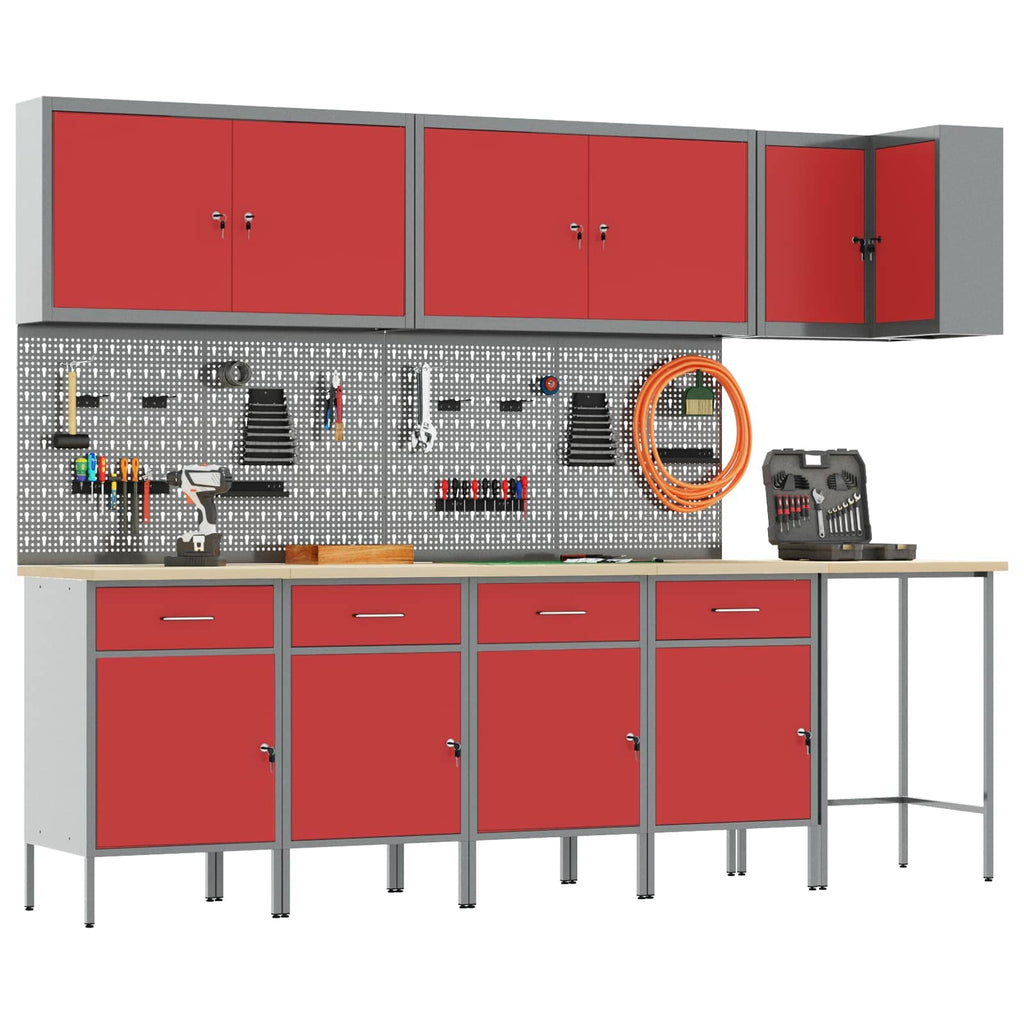 vidaXL Arbeitsschrankset mit Schubladen mit Regal 12 pcs Rot und Grau
