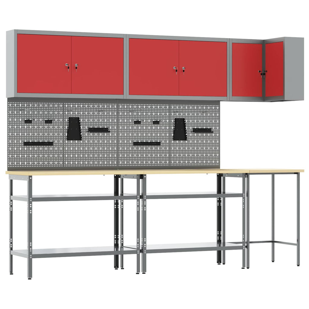 vidaXL Arbeitsschrankset mit Regal mit Speicher 10 pcs Rot und Grau