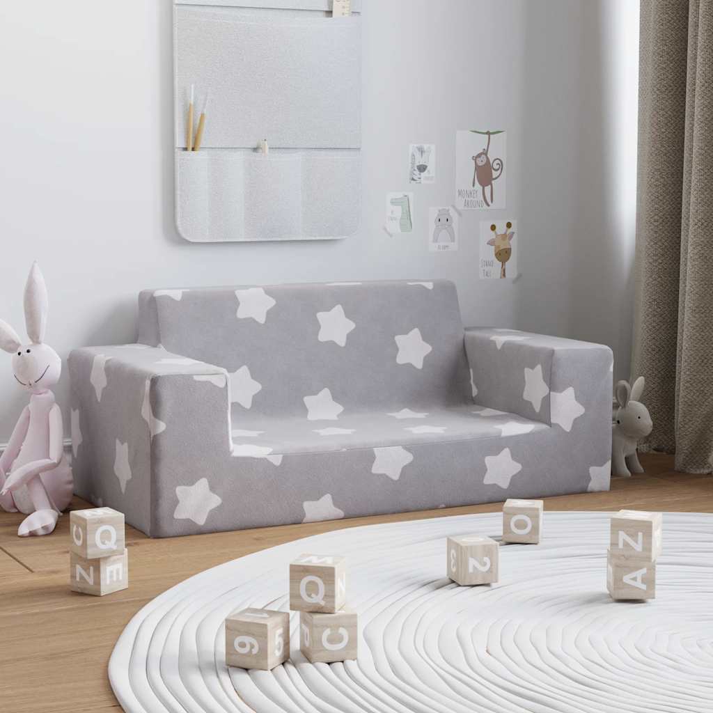 vidaXL Kindersofa 2-Sitzer Hellgrau mit Sternen Weich Plüsch