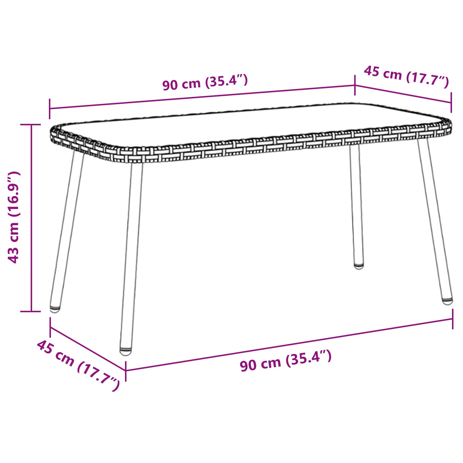 vidaXL Couchtisch Schwarz 90 x 45 x 43 cm Poly-Rattan