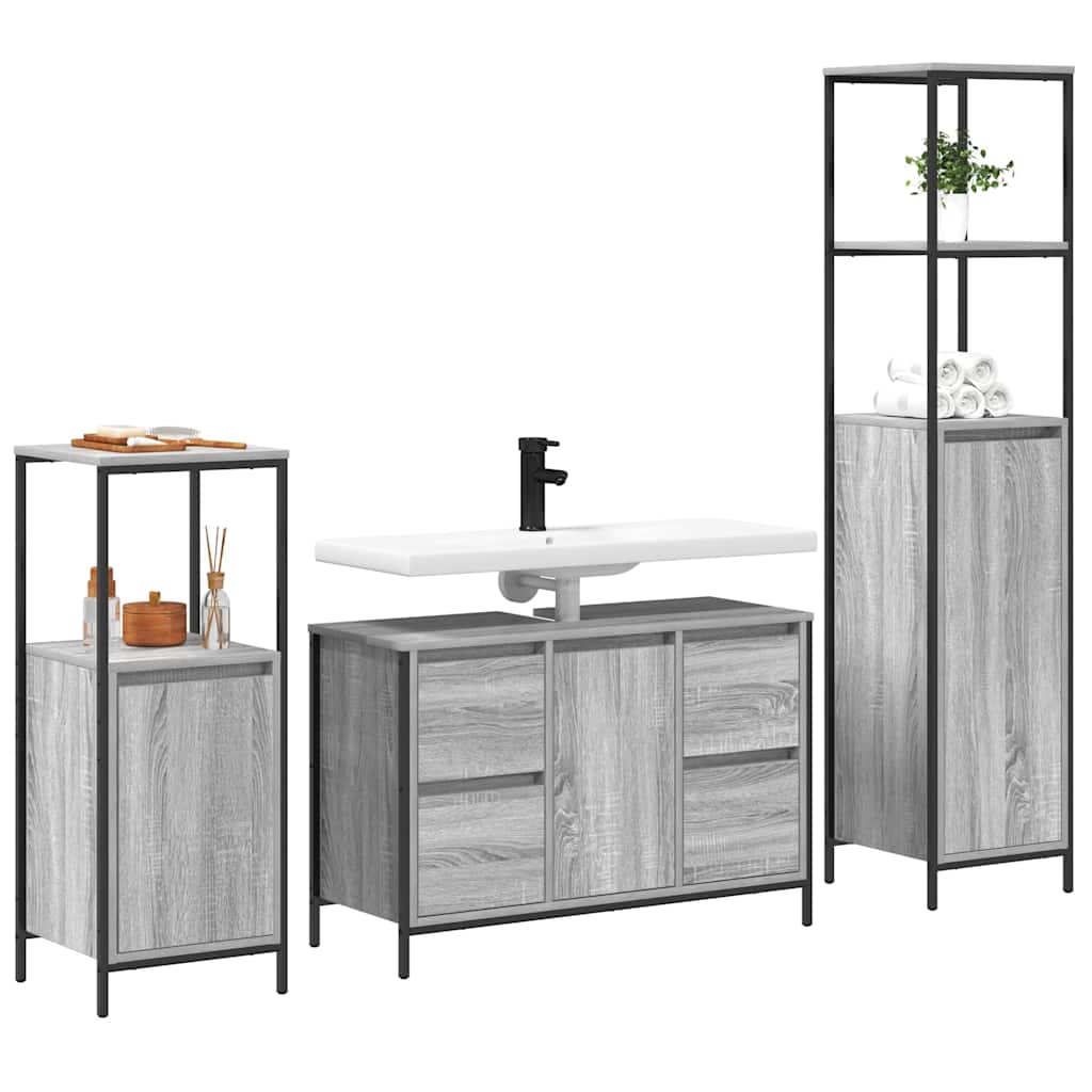 vidaXL Badezimmermöbel Set mit Regal 3 pcs Grau Sonoma und Schwarz
