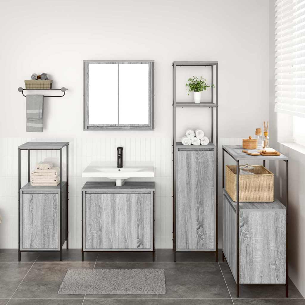 vidaXL Badezimmermöbel-Set 5 pcs Grau Sonoma und Schwarz Holzwerkstoff