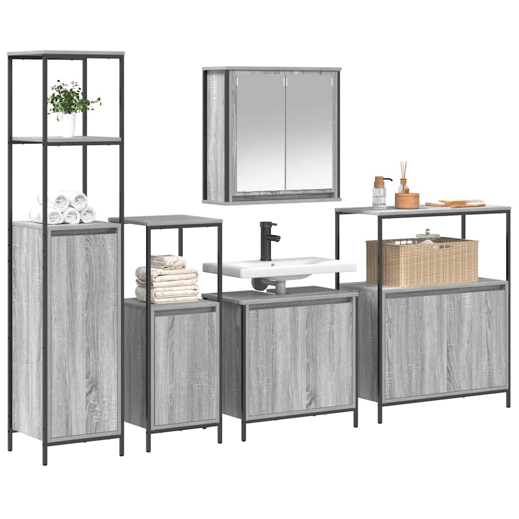 vidaXL Badezimmermöbel-Set 5 pcs Grau Sonoma und Schwarz Holzwerkstoff