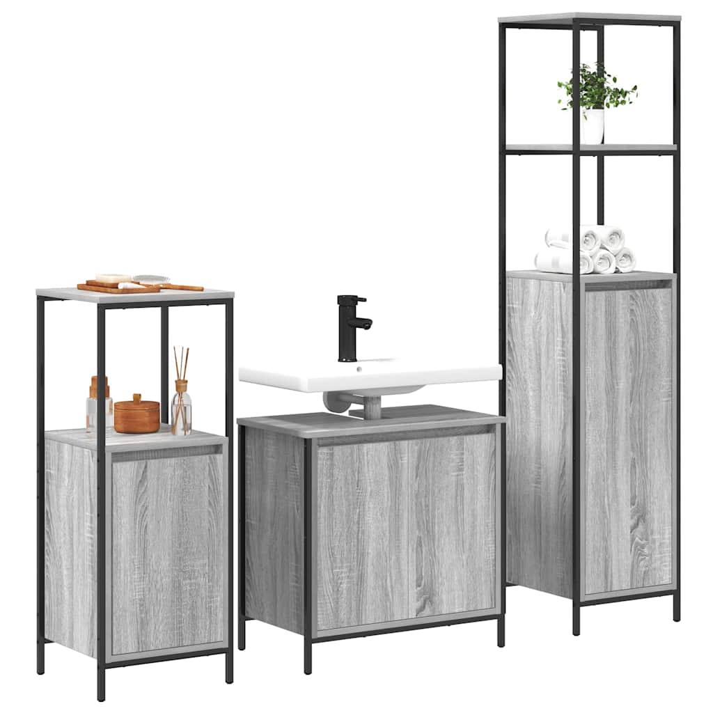 vidaXL Badezimmermöbel-Set 3 pcs Grau Sonoma und Schwarz Holzwerkstoff