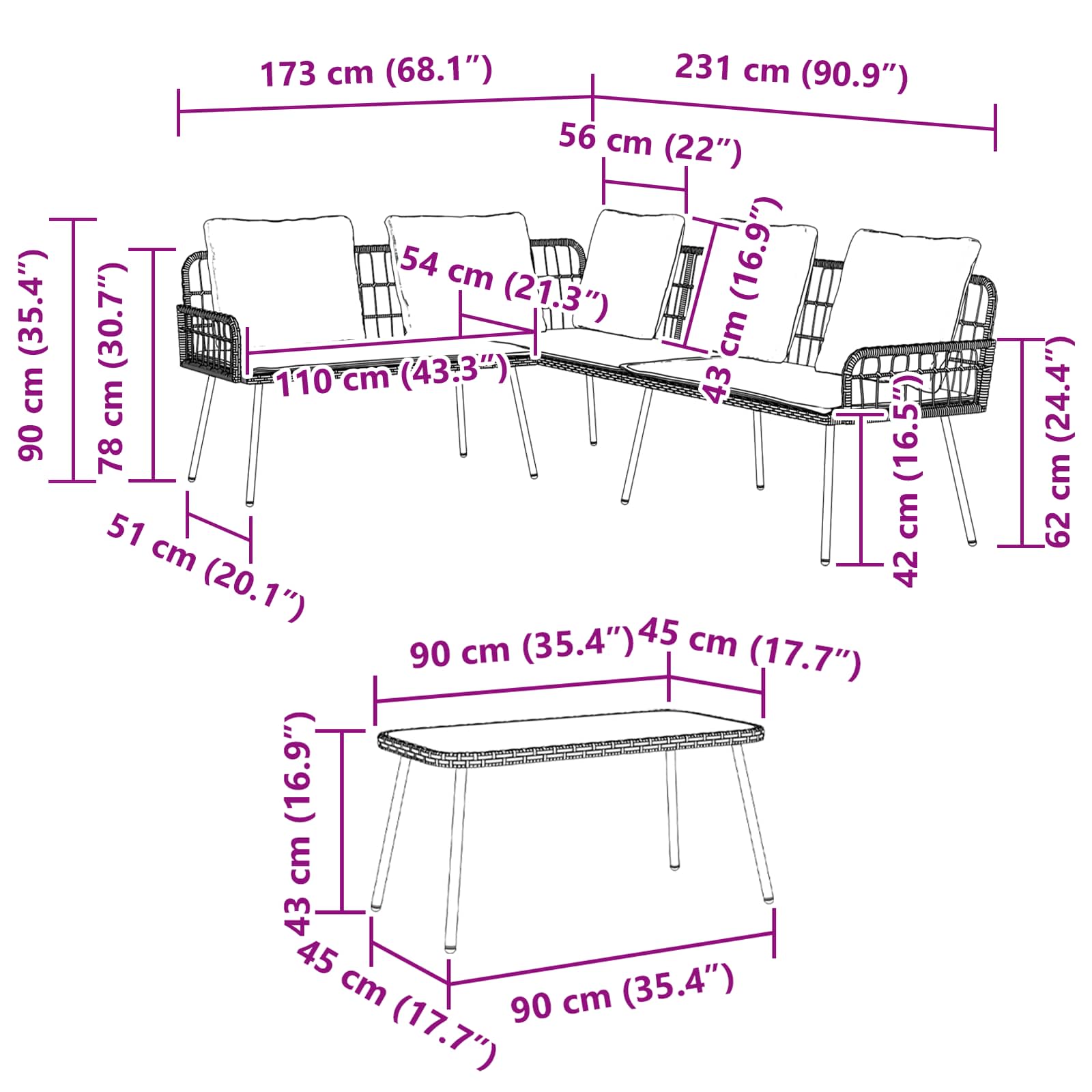 vidaXL Gartensofa-set mit Kissen 2 pcs Schwarz Poly-Rattan