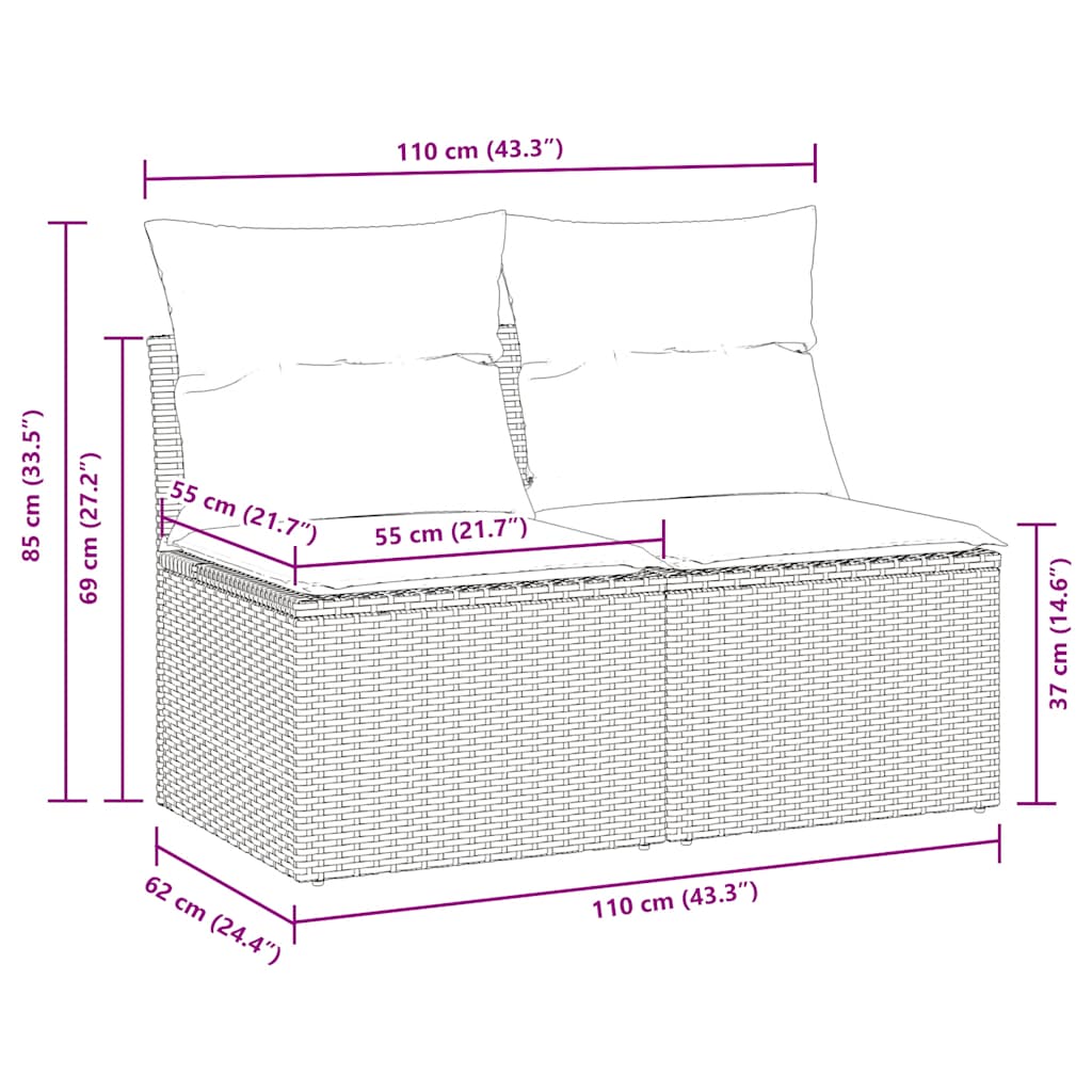 vidaXL 2-tlg. Garten-Sofagarnitur mit Kissen Schwarz Poly Rattan
