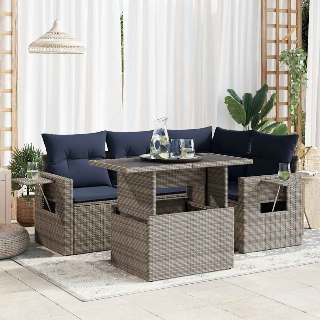 vidaXL 5tlg. Garten-Sofagarnitur mit Kissen Schwarz Poly Rattan Akazie