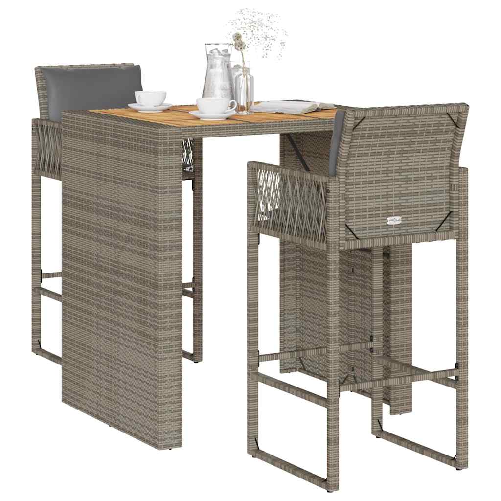 vidaXL 3-tlg. Gartenbar-Set mit Kissen Schwarz Poly Rattan Akazie