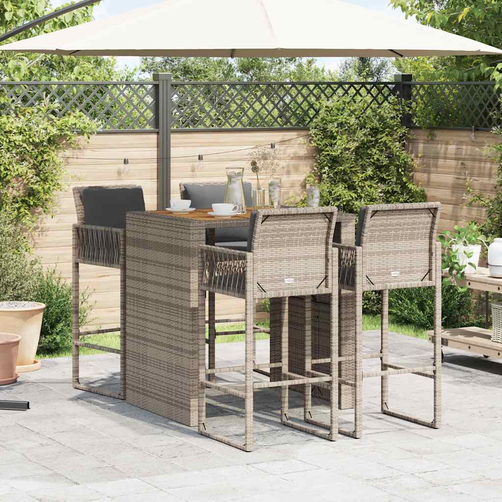 vidaXL 5-tlg. Gartenbar-Set mit Kissen Grau Poly Rattan Akazie