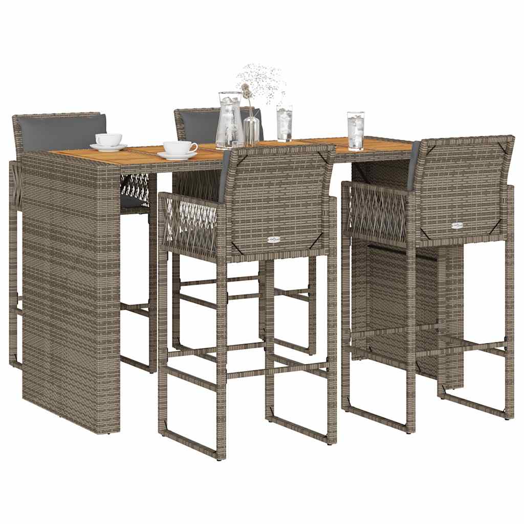 vidaXL 5-tlg. Gartenbar-Set mit Kissen Grau Poly Rattan Akazie