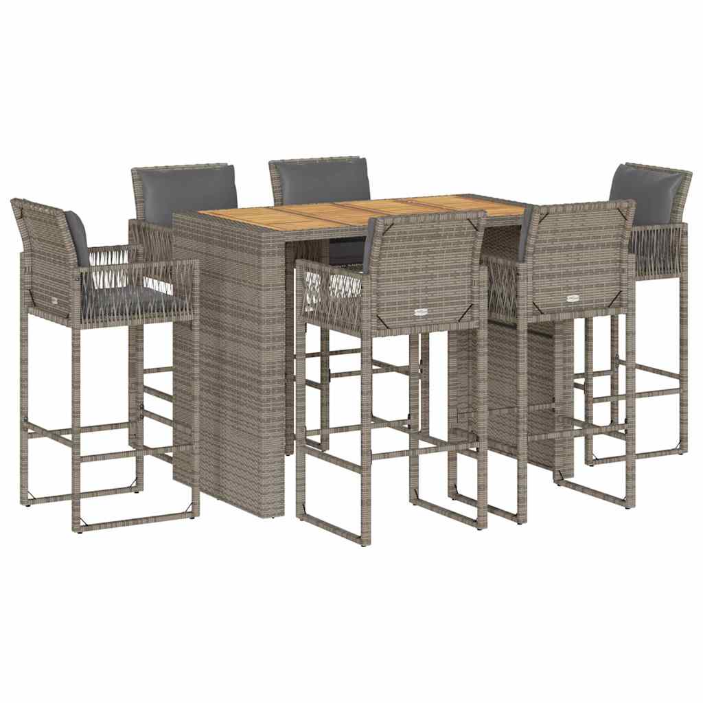 vidaXL 7-tlg. Gartenbar-Set mit Kissen Grau Poly Rattan Akazie