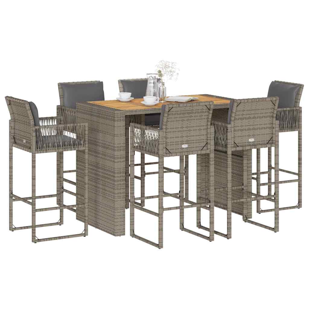 vidaXL 7-tlg. Gartenbar-Set mit Kissen Grau Poly Rattan Akazie