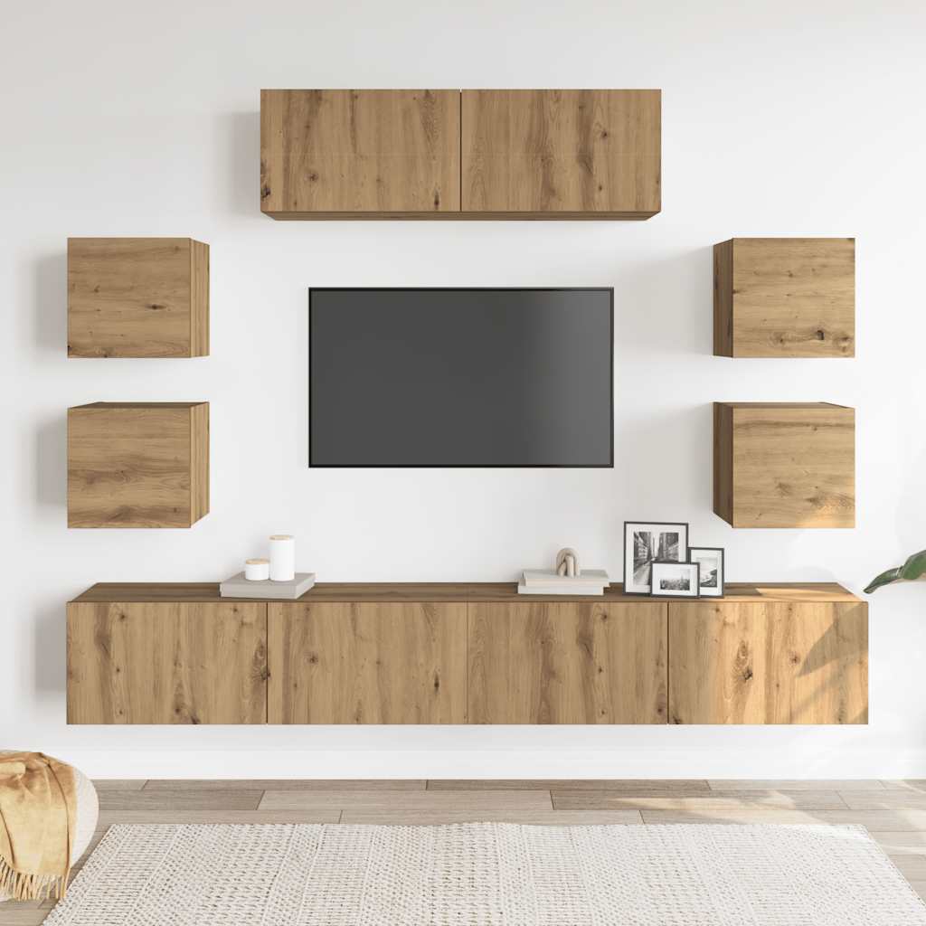 vidaXL 7-tlg. TV-Schrank-Set Wandmontage Artisan-Eiche Holzwerkstoff