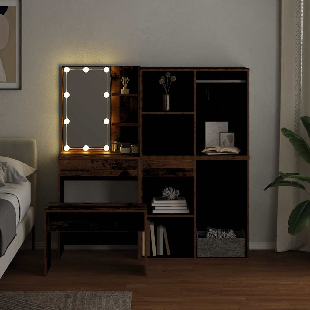 vidaXL Schminktisch-Set mit LED-Leuchten Altholz-Optik Holzwerkstoff