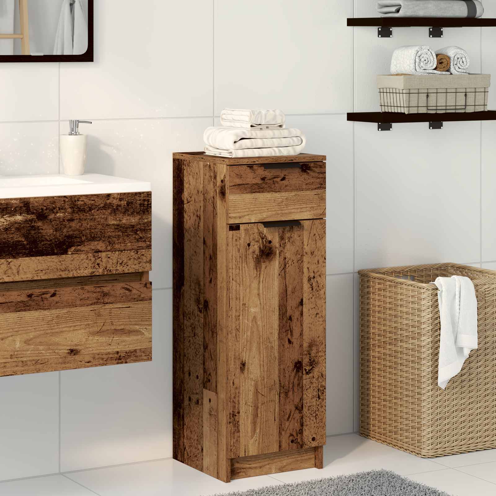 vidaXL Badezimmerschrank mit Tür Altholz 32 x 34 x 90 cm Holzwerkstoff