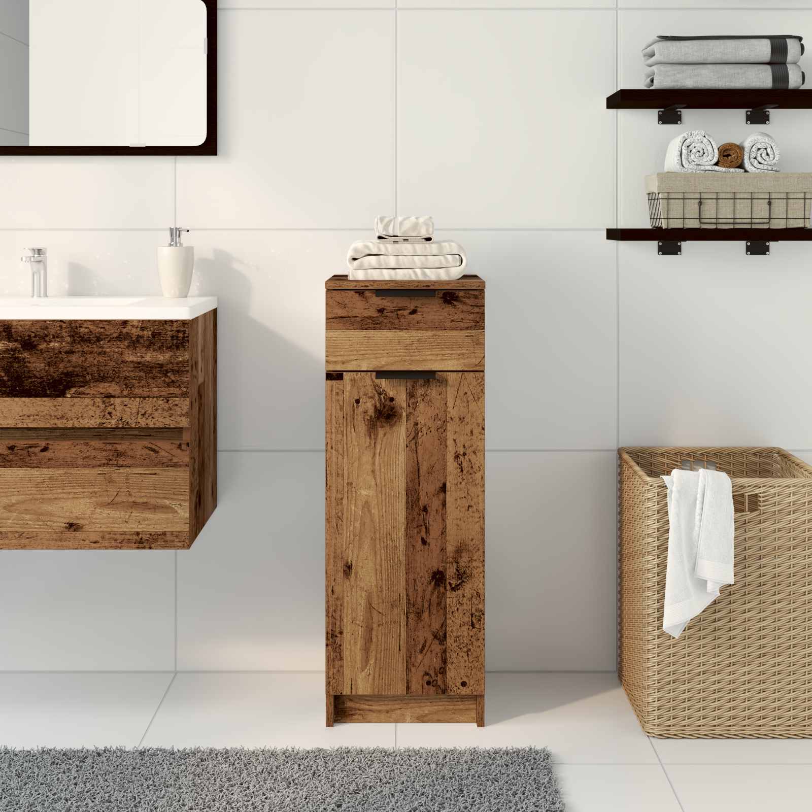 vidaXL Badezimmerschrank mit Tür Altholz 32 x 34 x 90 cm Holzwerkstoff