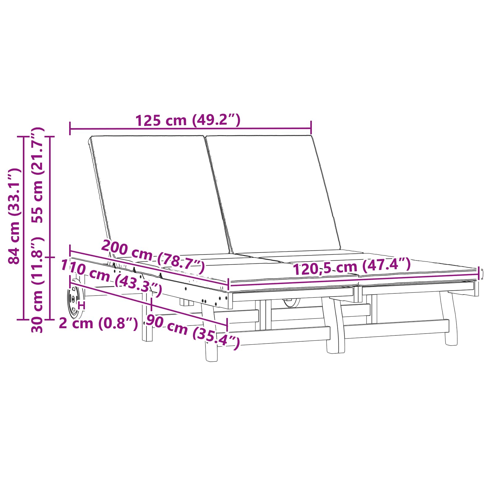 vidaXL Sonnenliege Braun 125 x 200 x 84 cm Massivholz Akazie