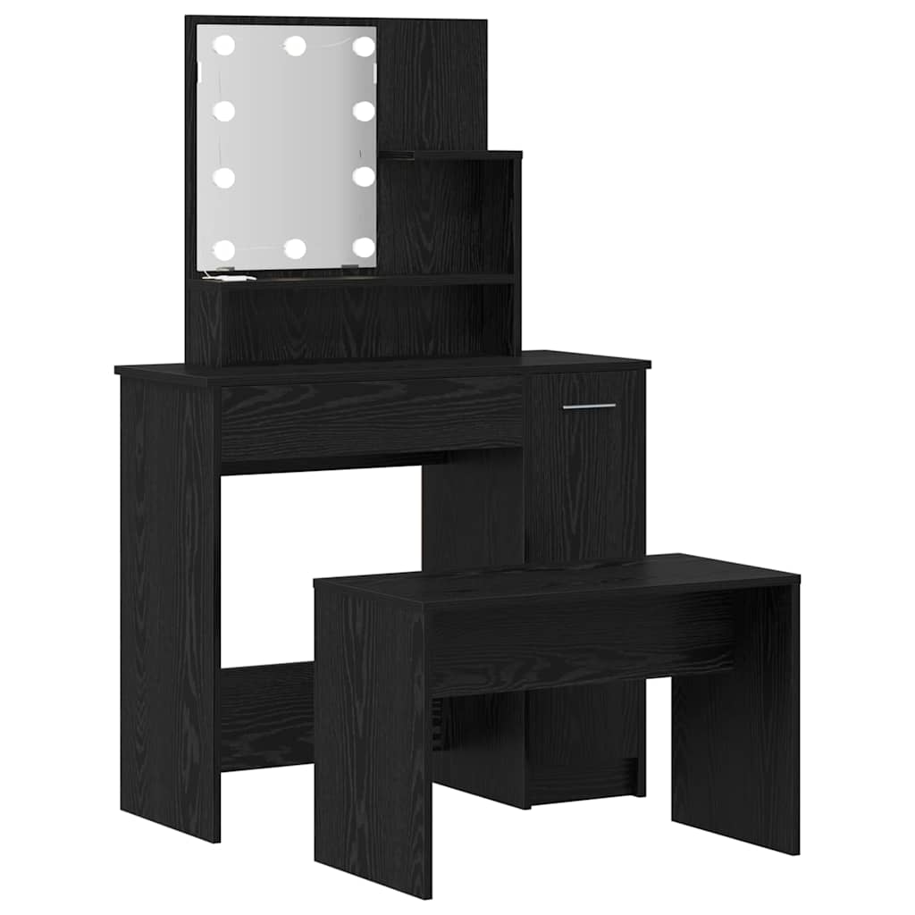 vidaXL LED Schminktisch Set 2 pcs Schwarz Eichen-Optik Holzwerkstoff