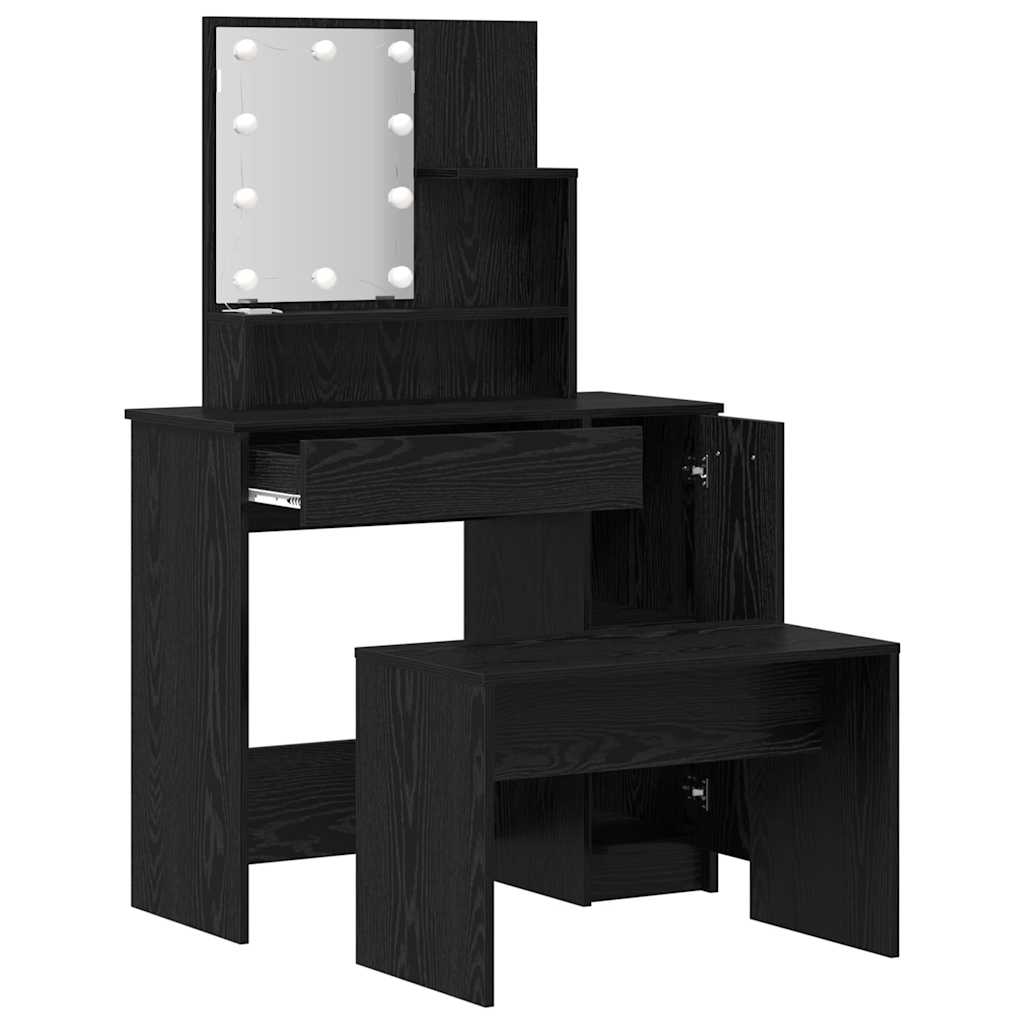 vidaXL LED Schminktisch Set 2 pcs Schwarz Eichen-Optik Holzwerkstoff