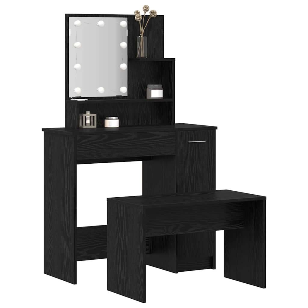 vidaXL LED Schminktisch Set 2 pcs Schwarz Eichen-Optik Holzwerkstoff