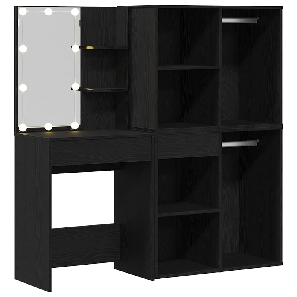 vidaXL LED Schminktisch Set Schwarz Eichen-Optik 140 x 40 x 140 cm