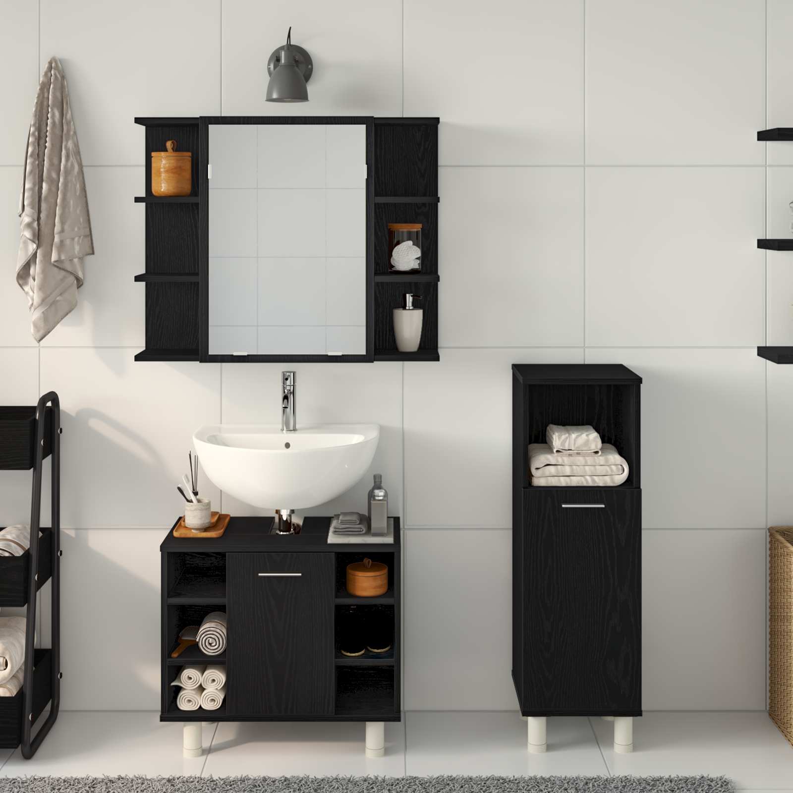 vidaXL Badezimmermöbel-Set mit Regal 3 pcs Schwarz 30 x 30 x 99,5 cm
