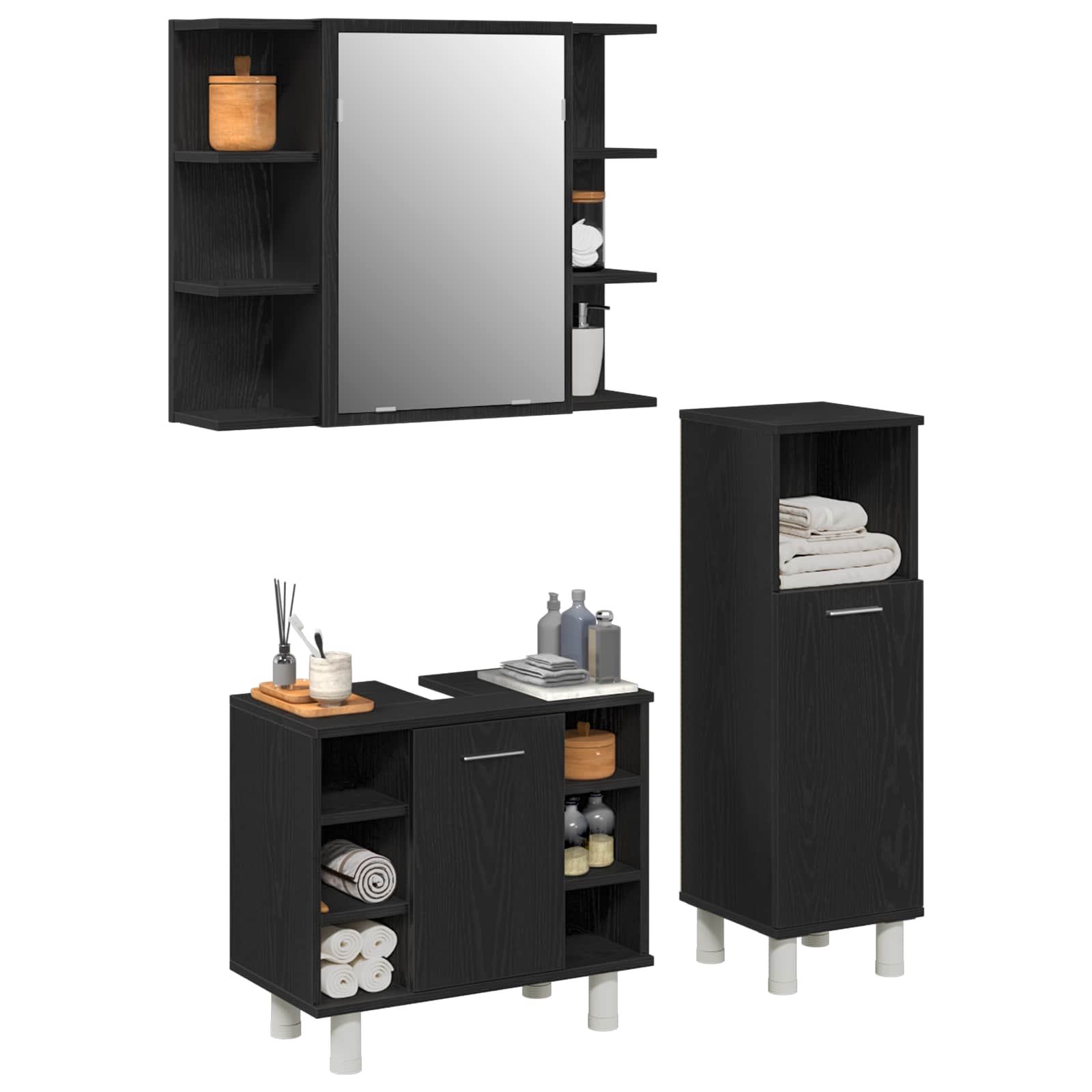 vidaXL Badezimmermöbel-Set mit Regal 3 pcs Schwarz 30 x 30 x 99,5 cm