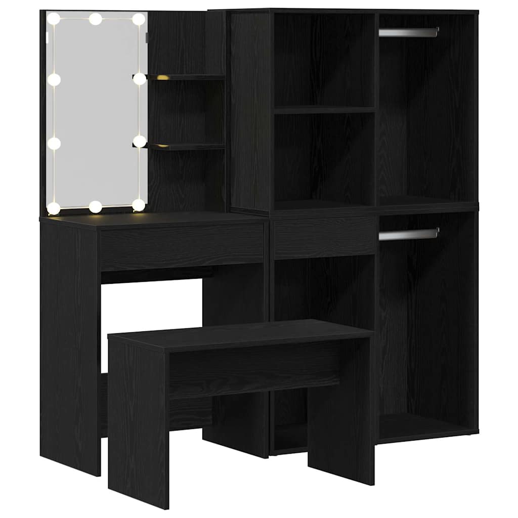 vidaXL Schminktischset mit LED mit Regal 4 pcs Schwarz Eichen-Optik