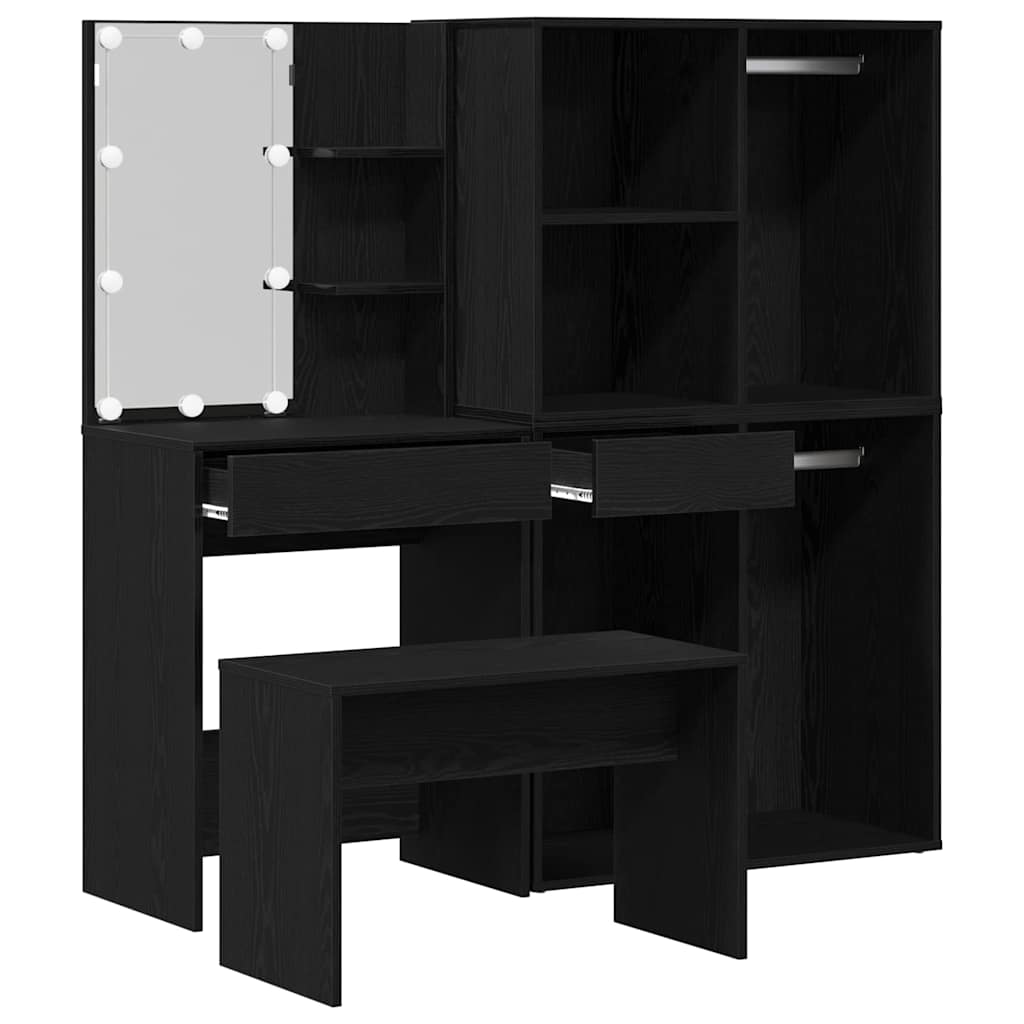 vidaXL Schminktischset mit LED mit Regal 4 pcs Schwarz Eichen-Optik
