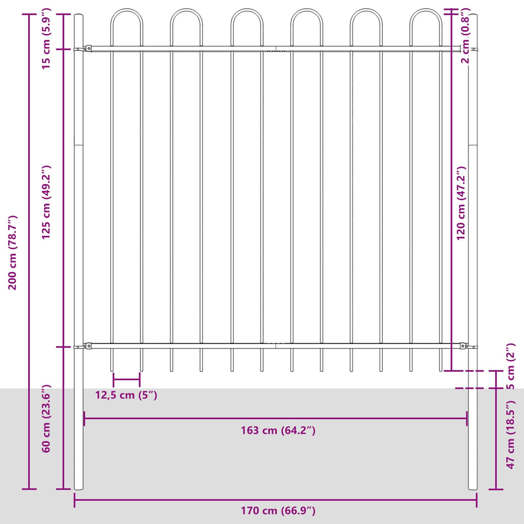 vidaXL Gartenzaun 3 pcs Grau 5,1 x 0,6 m Pulverbeschichteter Stahl