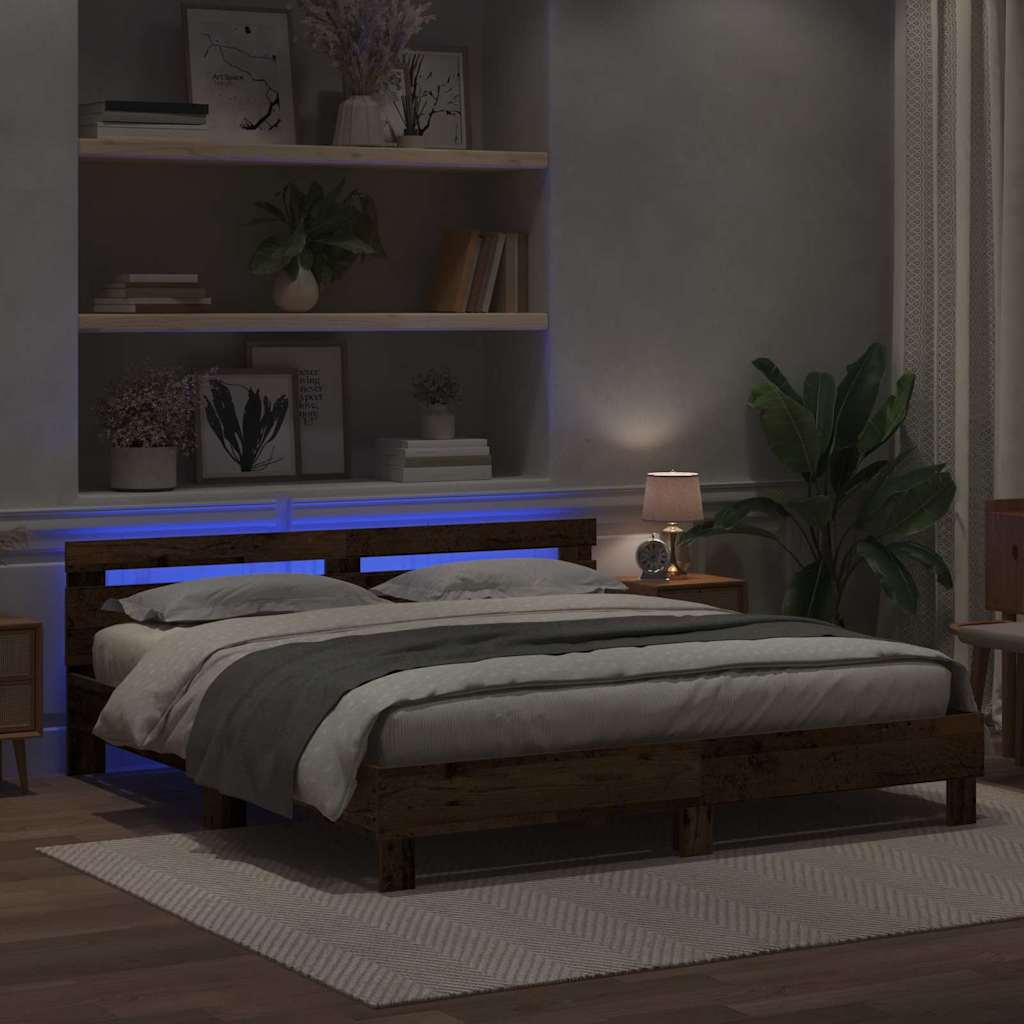vidaXL Bettrahmen mit LED Altholz 200 x 200 cm Holzwerkstoff