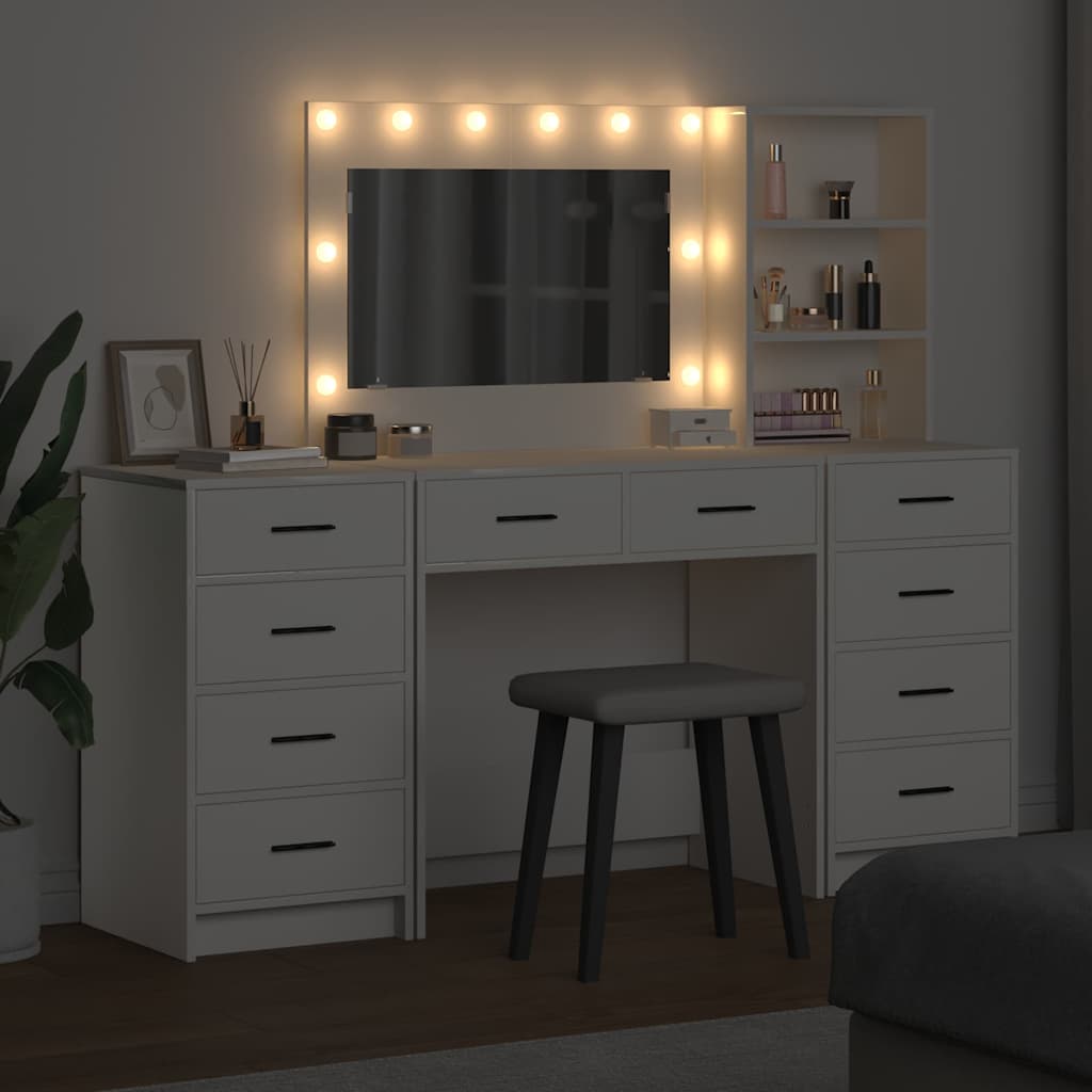 vidaXL Schminktisch mit Spiegelbeleuchtung 3 pcs Weiß Holzwerkstoff
