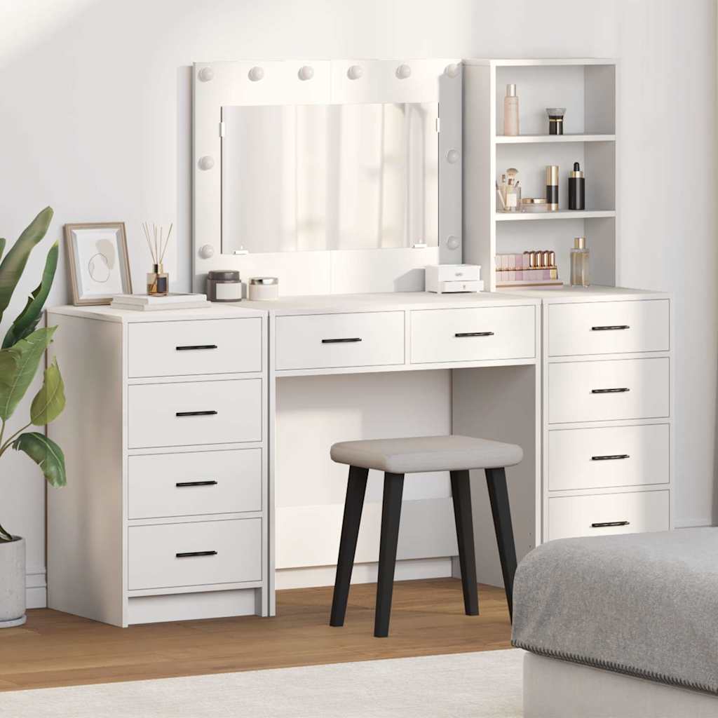 vidaXL Schminktisch mit Spiegelbeleuchtung 3 pcs Weiß Holzwerkstoff