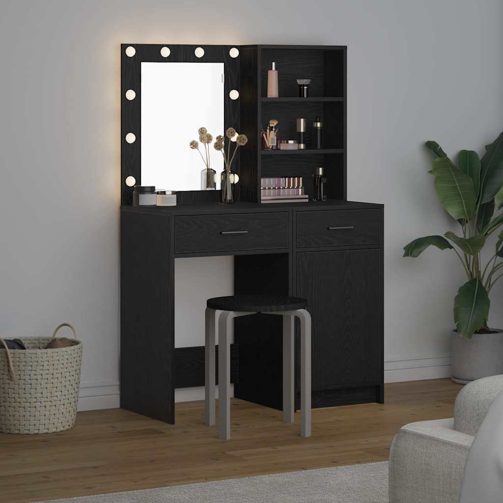 vidaXL Schminktischset mit LED mit Regal 2 pcs Schwarz Eichen-Optik