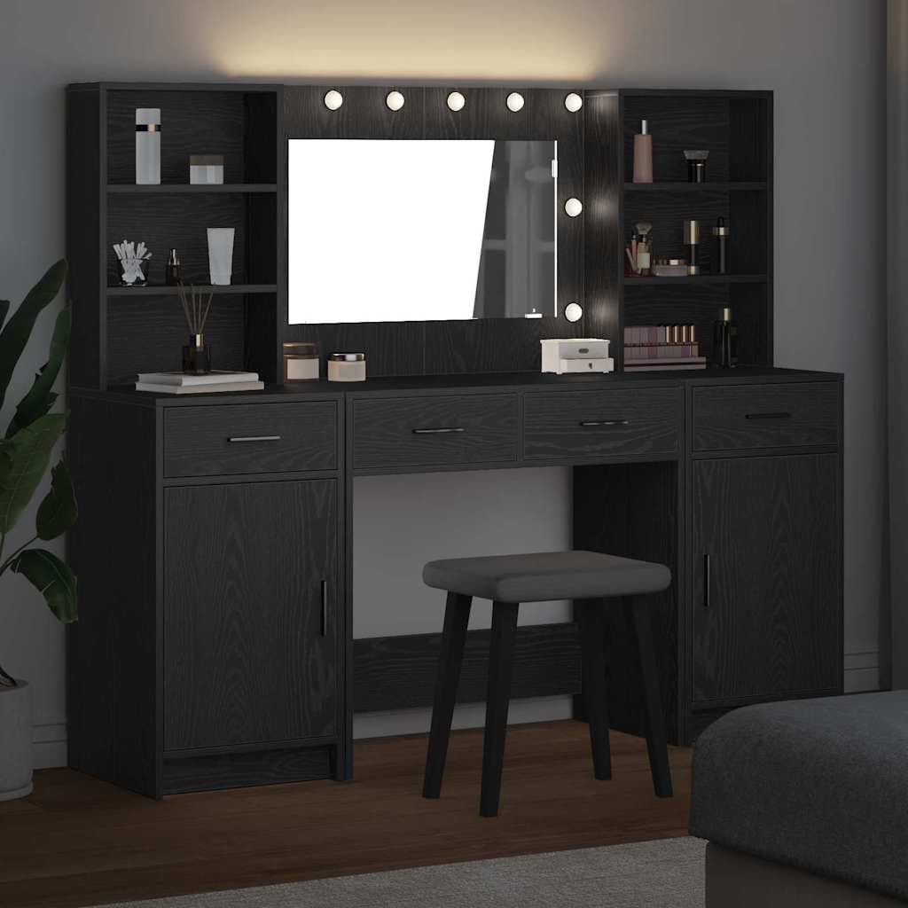 vidaXL Schminktischset mit LED mit Regal 3 pcs Schwarz Eichen-Optik