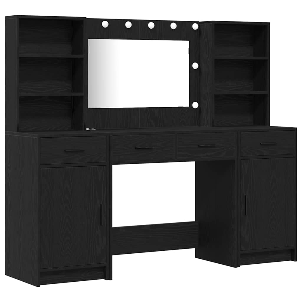 vidaXL Schminktischset mit LED mit Regal 3 pcs Schwarz Eichen-Optik