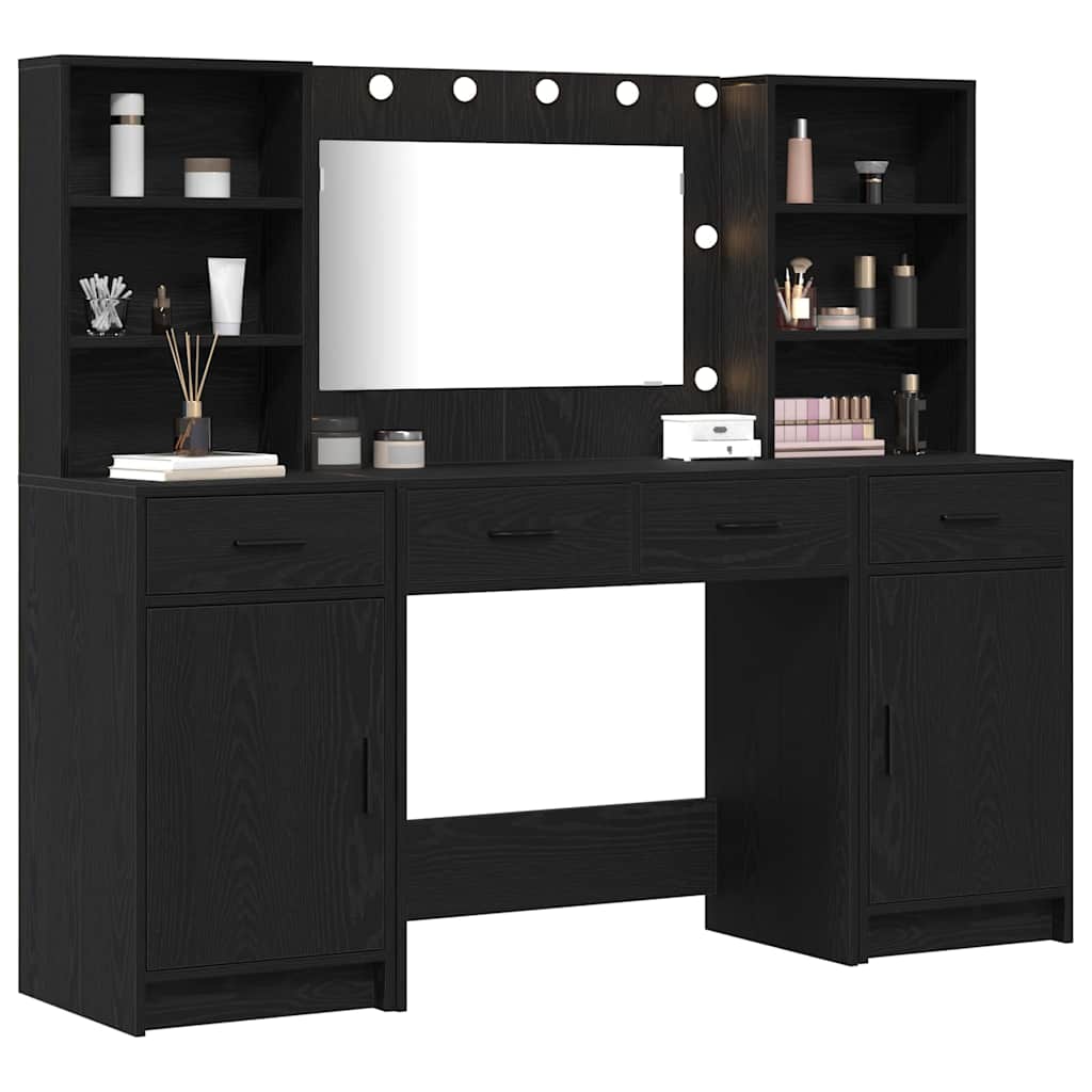 vidaXL Schminktischset mit LED mit Regal 3 pcs Schwarz Eichen-Optik