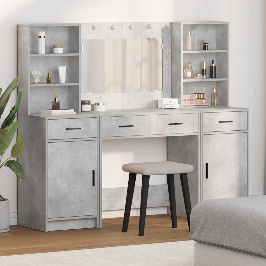 vidaXL Schminktischset mit LED mit Tür 3 pcs Beton Grau Holzwerkstoff