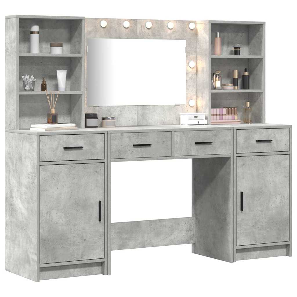 vidaXL Schminktischset mit LED mit Tür 3 pcs Beton Grau Holzwerkstoff