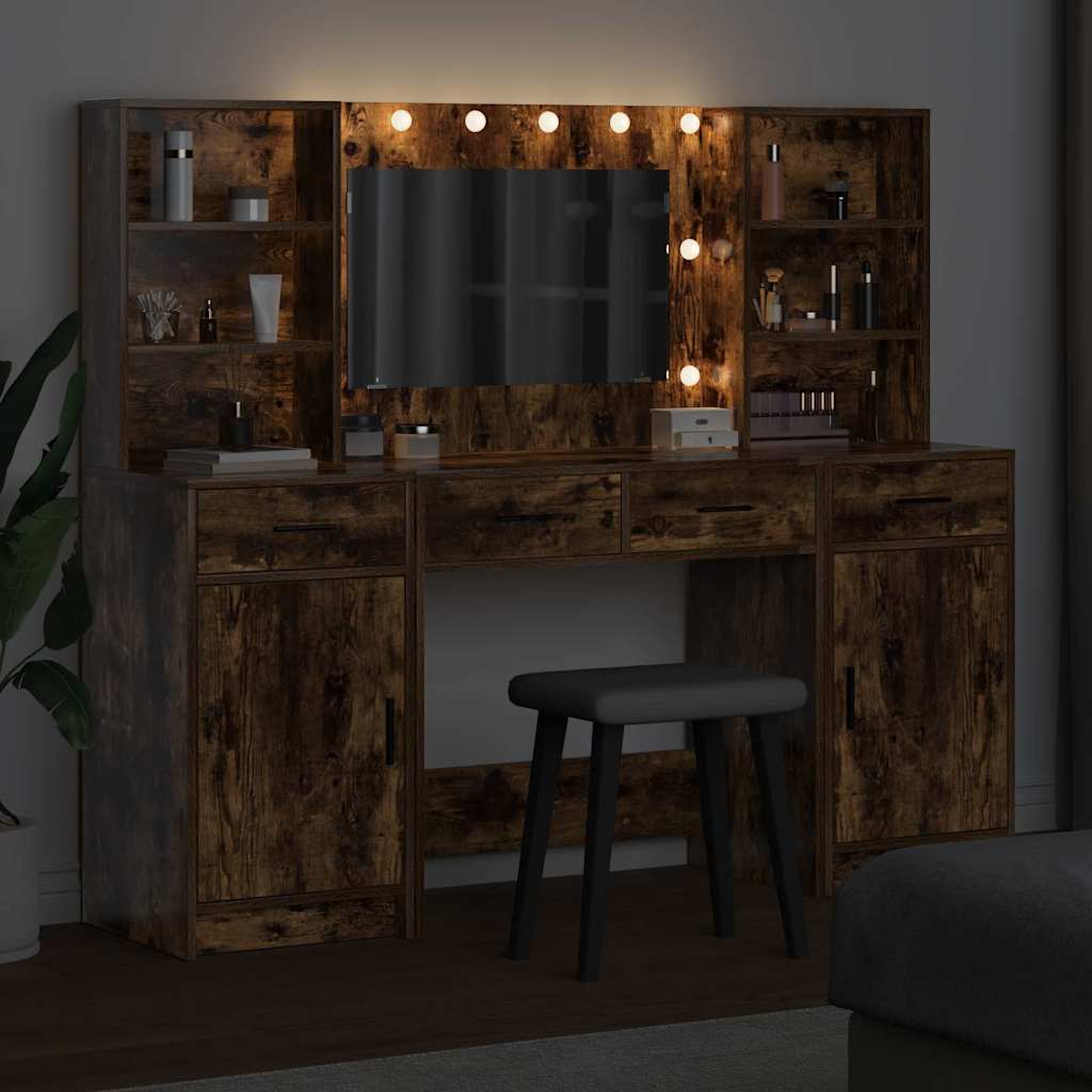 vidaXL Schminktischset mit LED 3 pcs Geräucherte Eiche Holzwerkstoff