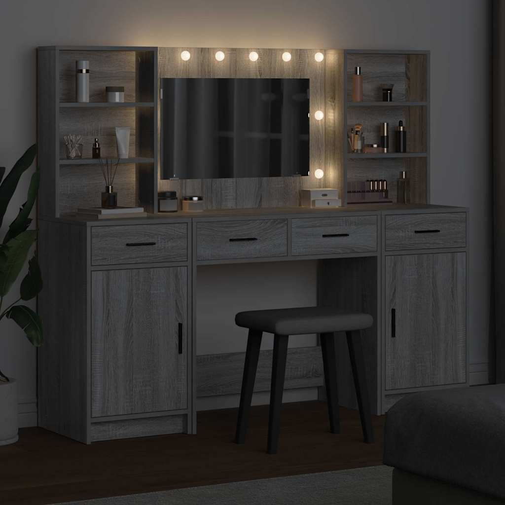 vidaXL Schminktischset mit LED 3 pcs Graues Sonoma Holzwerkstoff