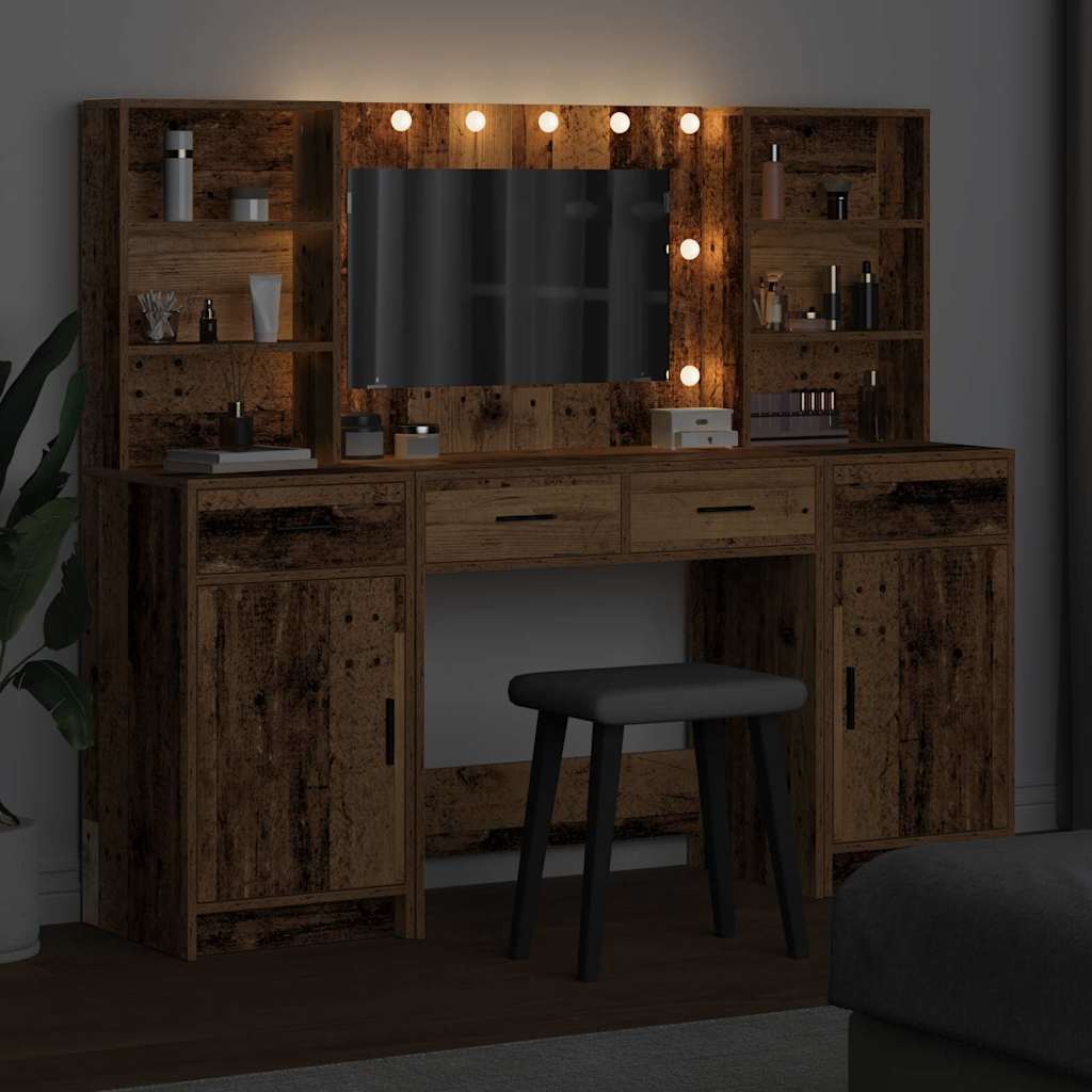 vidaXL Schminktischset mit LED mit Regal 3 pcs Altholz Holzwerkstoff
