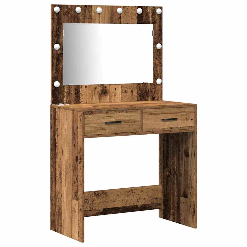 vidaXL Schminktischset mit LED mit Regal 3 pcs Altholz Holzwerkstoff